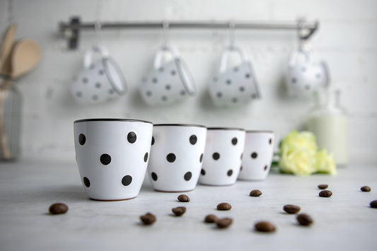 White And Black Polka Dot Spotty Designer Handmade Hand Painted Unique Ceramic 2oz-60ml Espresso Coffee Cup Set of 4