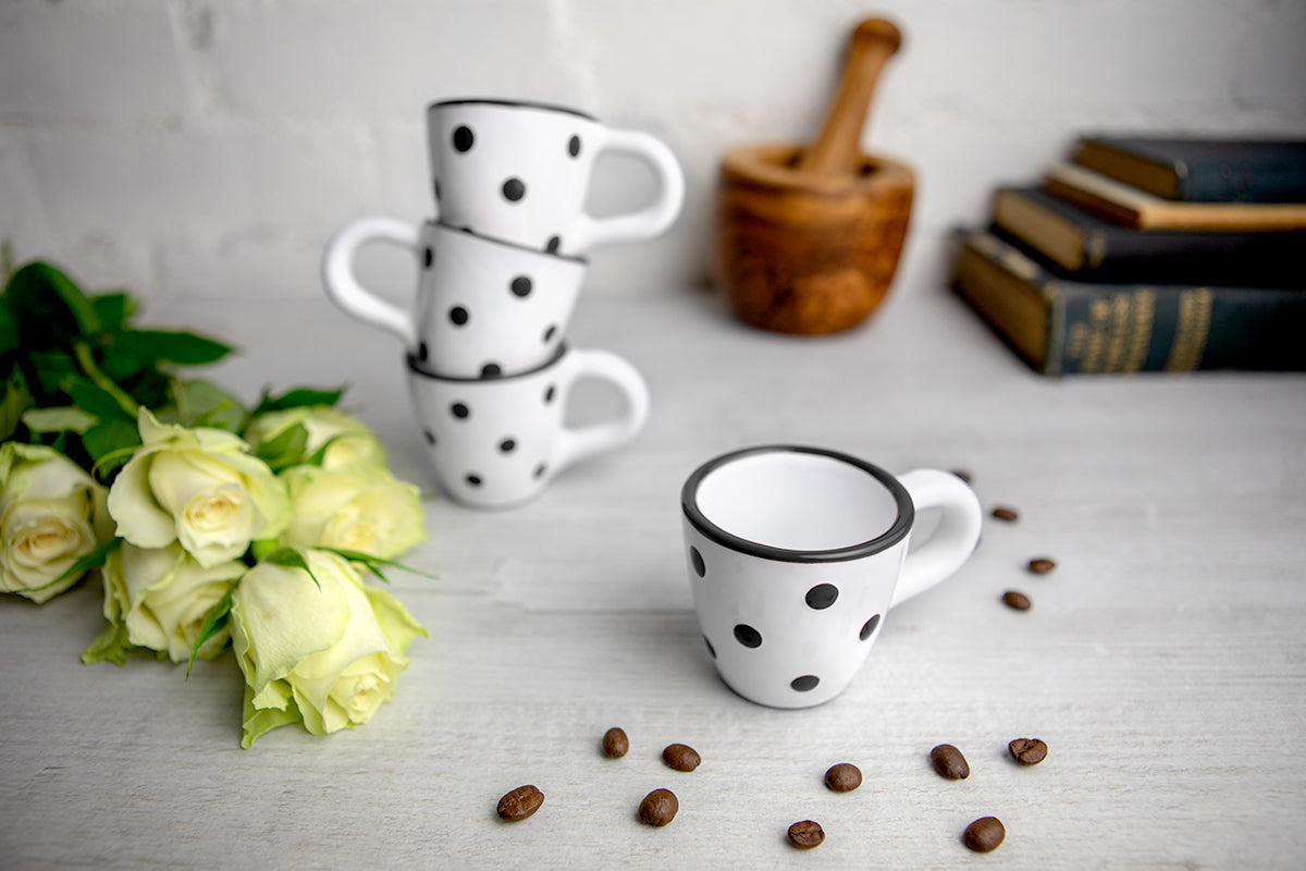 White And Black Polka Dot Spotty Designer Handmade Hand Painted Unique Ceramic 2oz-60ml Espresso Coffee Cup Set of 4