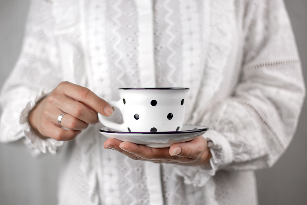 White And Black Polka Dot Spotty Designer Handmade Hand Painted Ceramic 9oz-250ml Cappuccino Coffee Tea Cup with Saucer