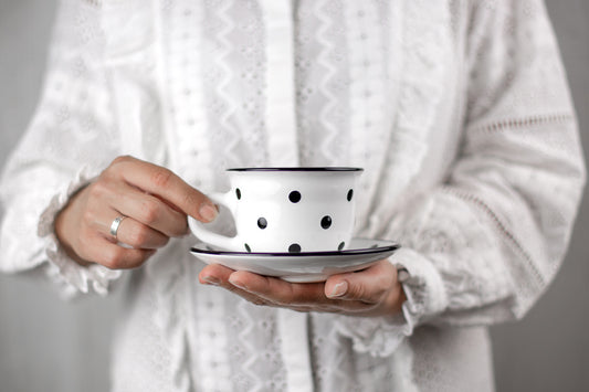 White And Black Polka Dot Spotty Designer Handmade Hand Painted Ceramic 9oz-250ml Cappuccino Coffee Tea Cup with Saucer