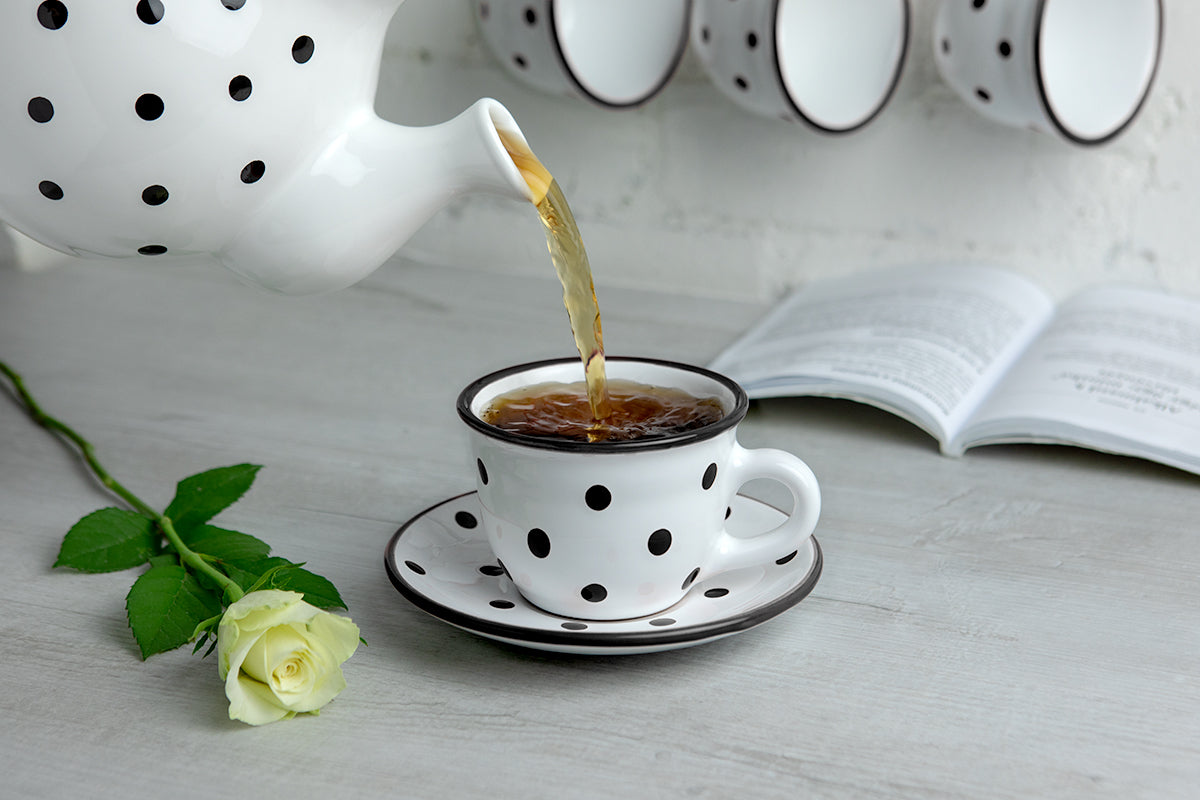 White And Black Polka Dot Spotty Designer Handmade Hand Painted Ceramic 9oz-250ml Cappuccino Coffee Tea Cup with Saucer
