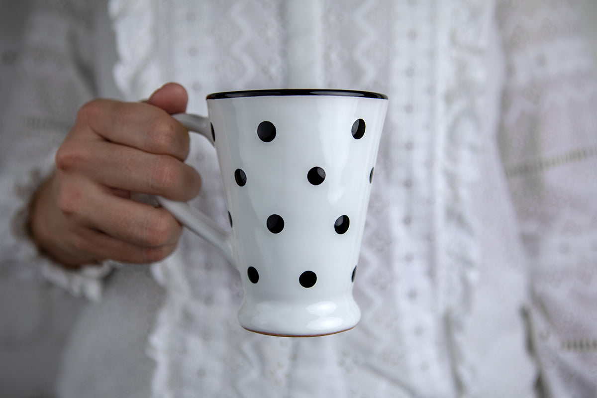 White And Black Polka Dot Spotty Handmade Hand Painted Ceramic Coffee Tea Latte Mug with Large Handle 8 oz - 220 ml