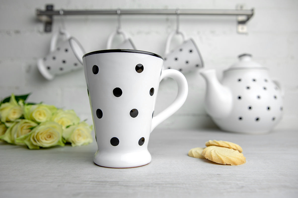 White And Black Polka Dot Spotty Handmade Hand Painted Ceramic Coffee Tea Latte Mug with Large Handle 8 oz - 220 ml