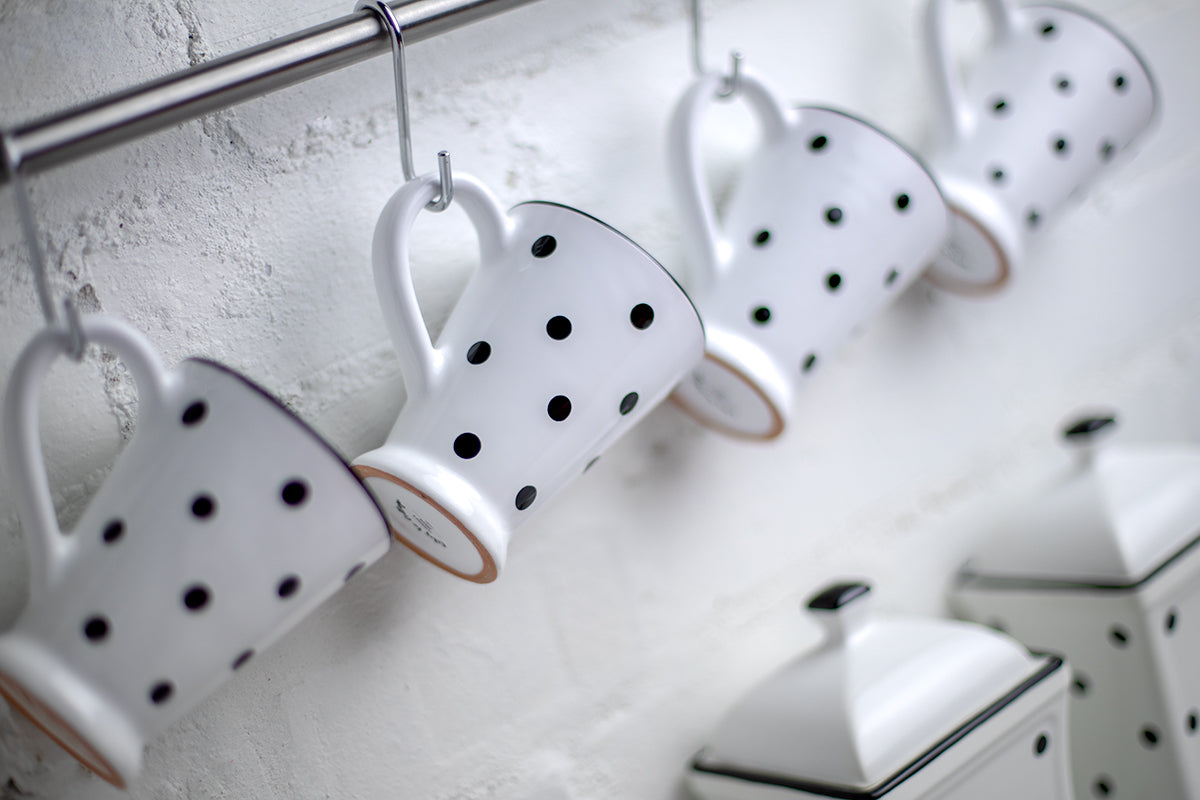 White And Black Polka Dot Spotty Handmade Hand Painted Ceramic Coffee Tea Latte Mug with Large Handle 8 oz - 220 ml