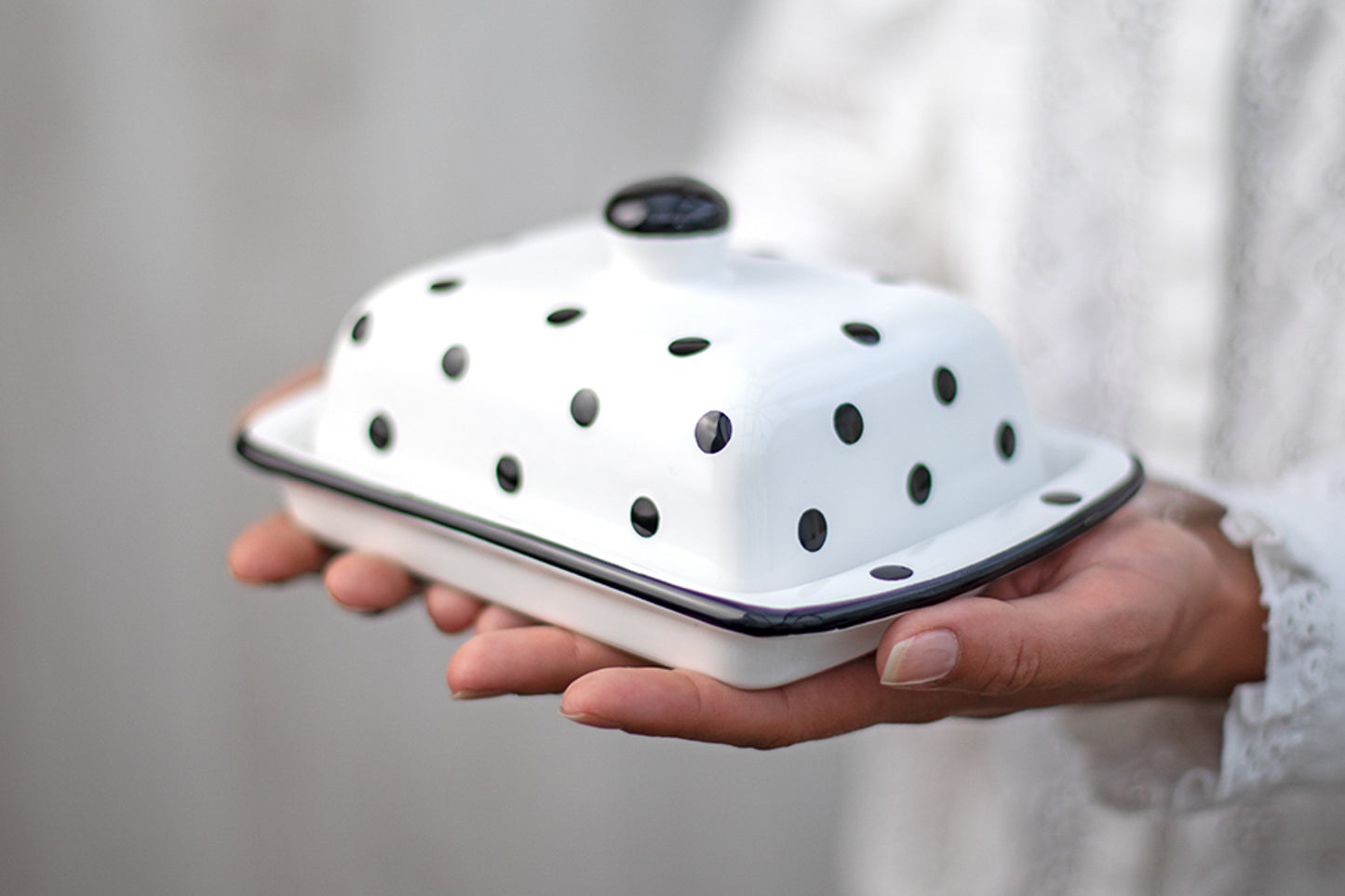 White And Black Polka Dot Spotty Handmade Hand Painted Ceramic Butter Dish With Lid