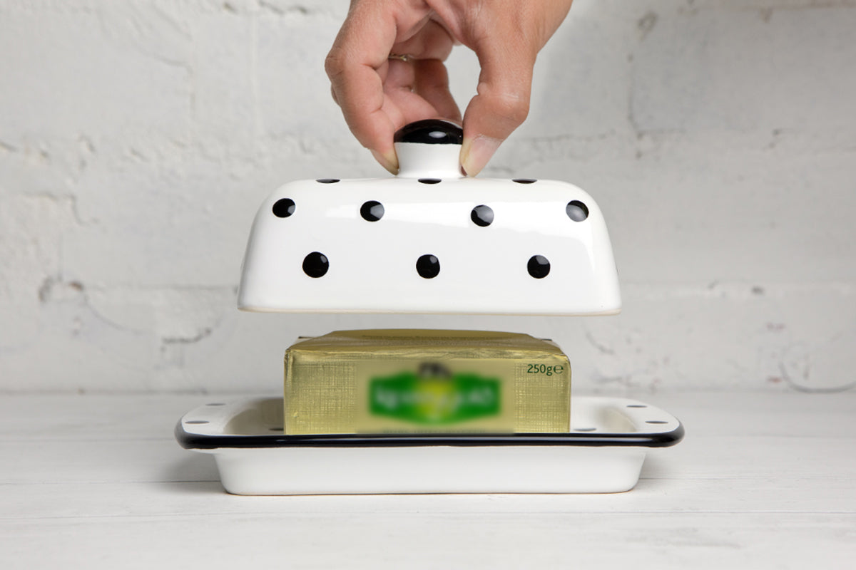 White And Black Polka Dot Spotty Handmade Hand Painted Ceramic Butter Dish With Lid