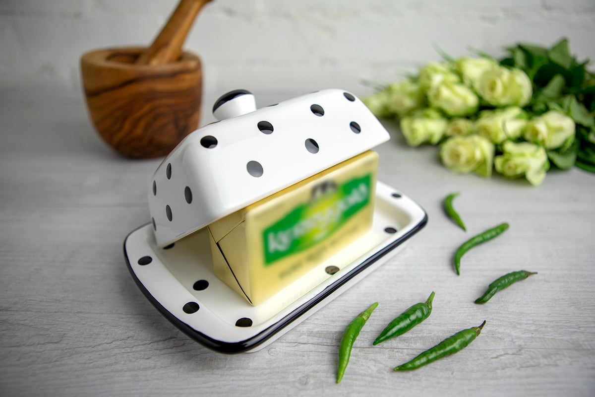 White And Black Polka Dot Spotty Handmade Hand Painted Ceramic Butter Dish With Lid