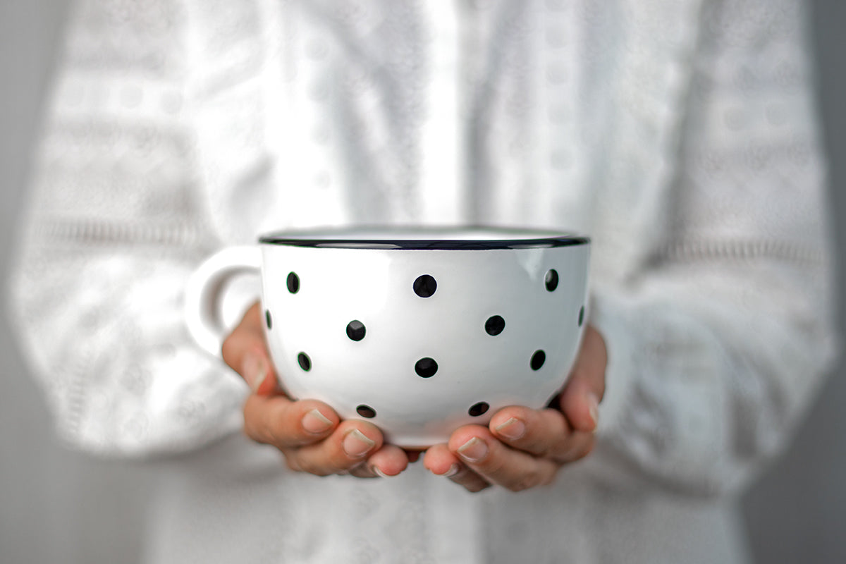 White And Black Polka Dot Spotty Handmade Hand Painted Ceramic Extra Large 17.5oz-500ml Cappuccino Coffee Tea Soup Mug Cup