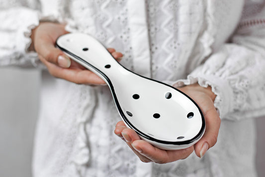 White And Black Polka Dot Spotty Handmade Hand Painted Ceramic Kitchen Cooking Spoon Rest