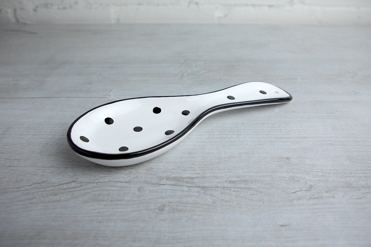White And Black Polka Dot Spotty Handmade Hand Painted Ceramic Kitchen Cooking Spoon Rest