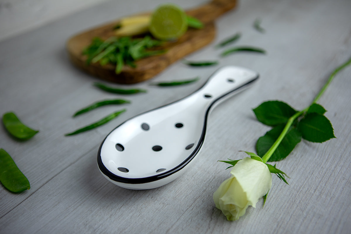 White And Black Polka Dot Spotty Handmade Hand Painted Ceramic Kitchen Cooking Spoon Rest