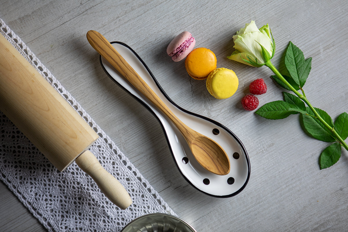 White And Black Polka Dot Spotty Handmade Hand Painted Ceramic Kitchen Cooking Spoon Rest