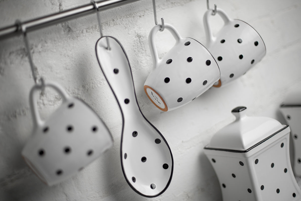White And Black Polka Dot Spotty Handmade Hand Painted Ceramic Kitchen Cooking Spoon Rest