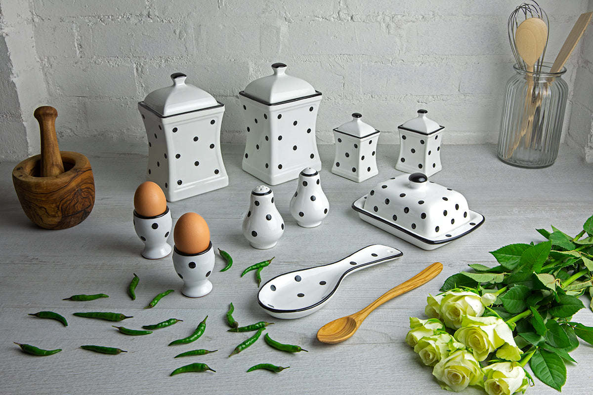 White And Black Polka Dot Spotty Handmade Hand Painted Ceramic Kitchen Serving Storage Set of 10