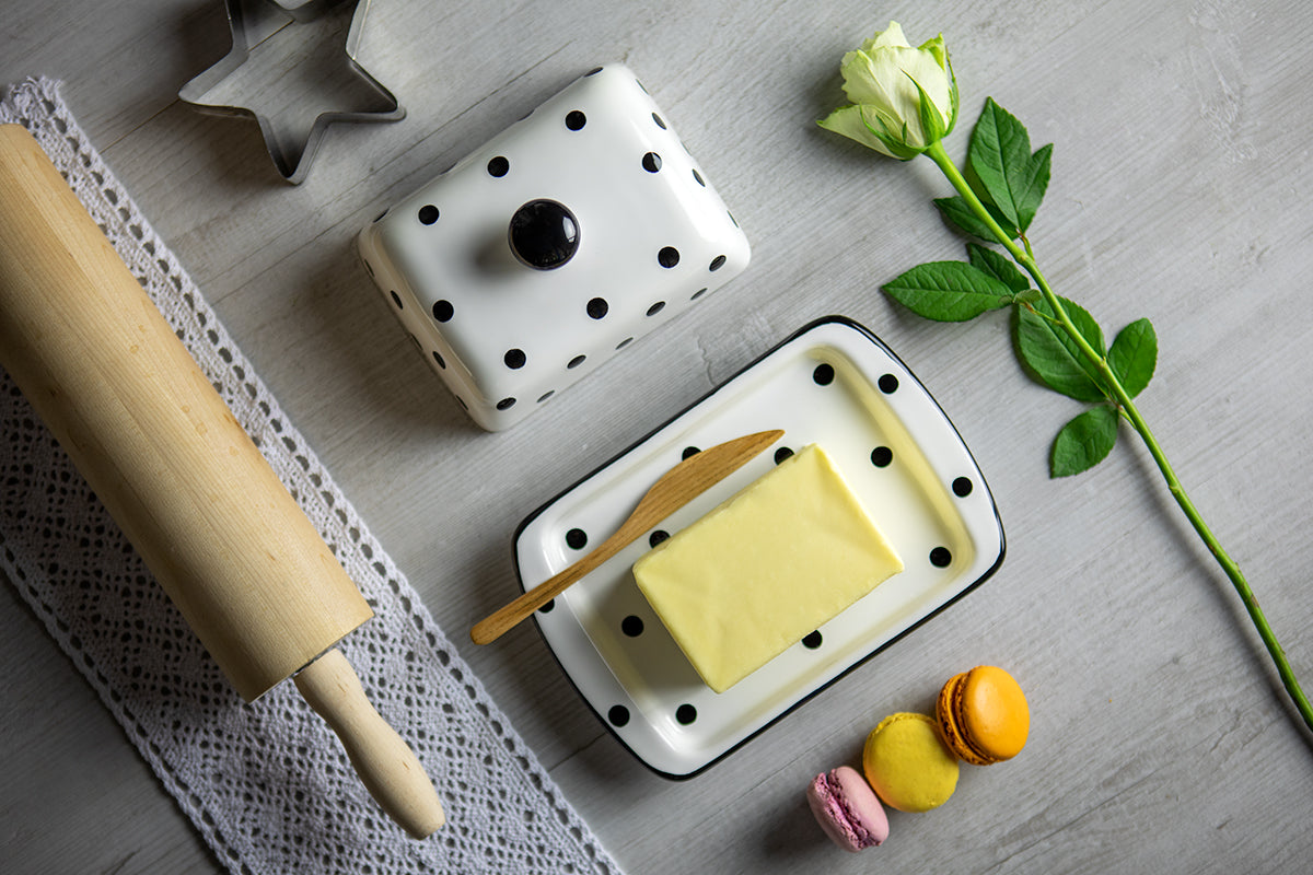 White And Black Polka Dot Spotty Handmade Hand Painted Ceramic Kitchen Serving Storage Set of 10