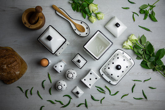 White And Black Polka Dot Spotty Handmade Hand Painted Ceramic Kitchen Serving Storage Set of 10