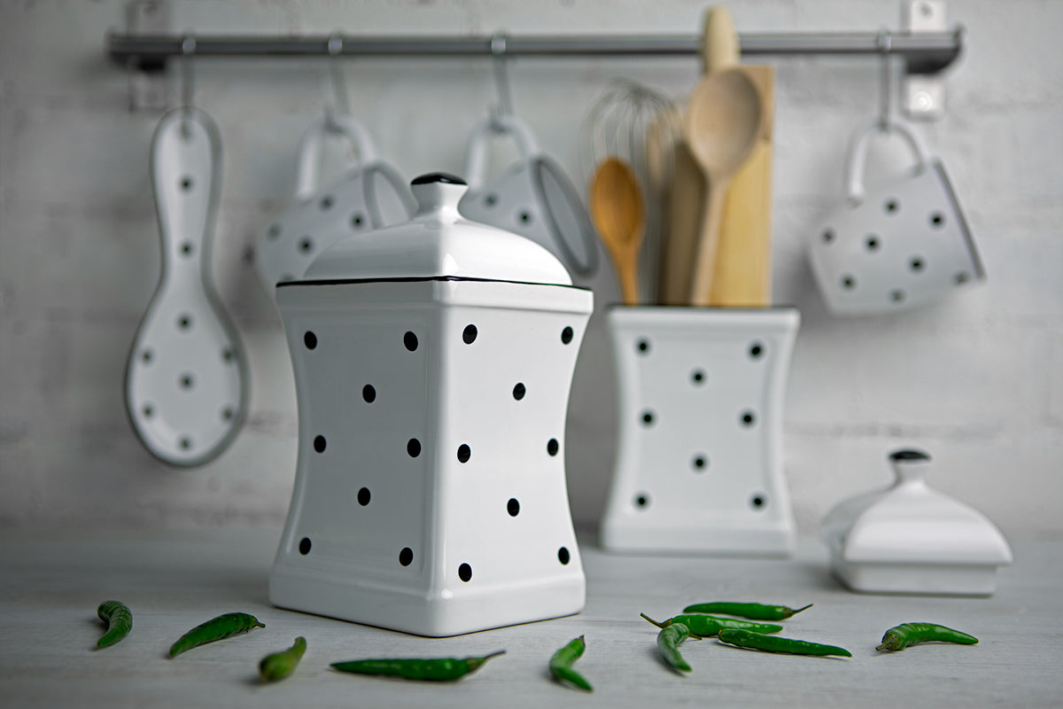 White And Black Polka Dot Spotty Handmade Hand Painted Ceramic Kitchen Serving Storage Set of 10