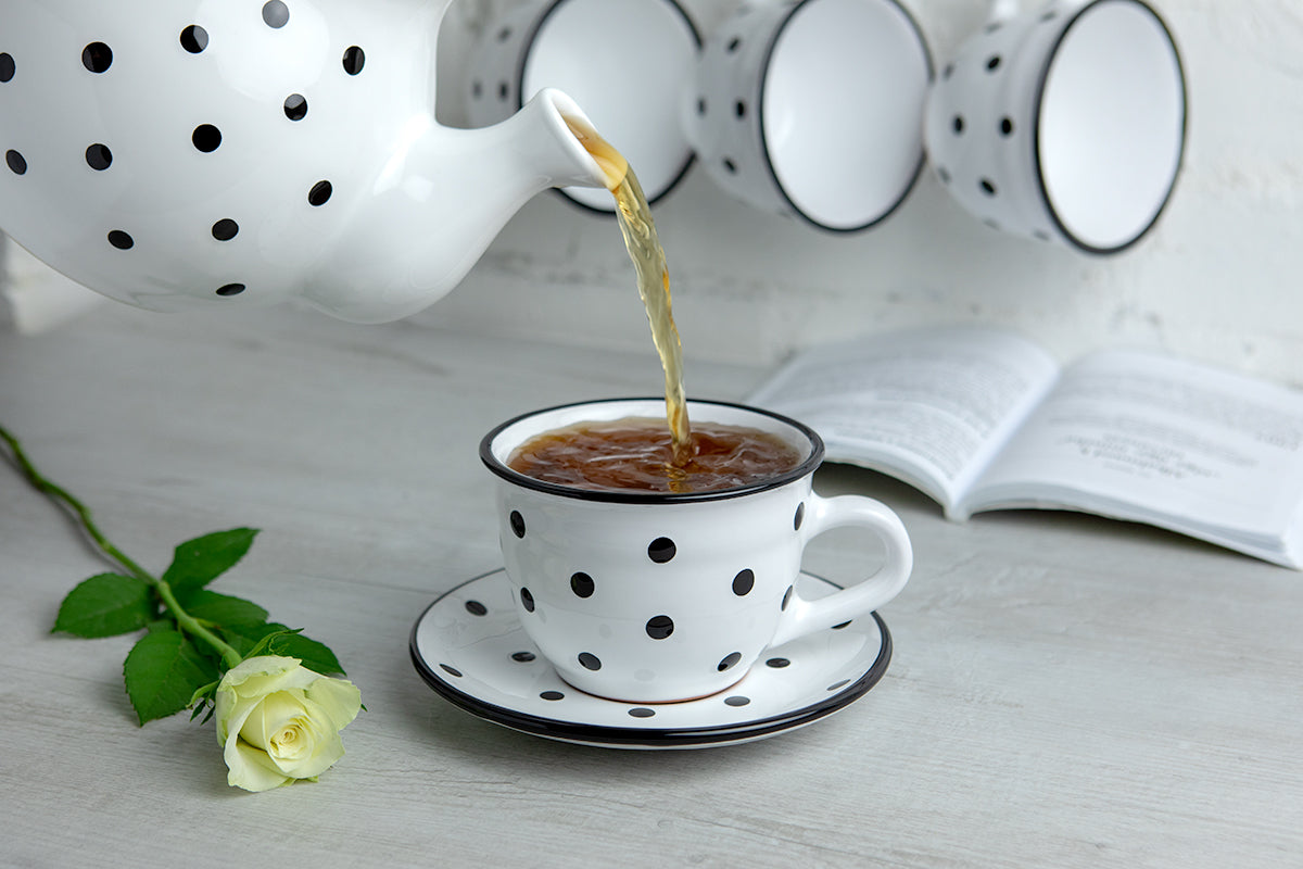 White And Black Polka Dot Spotty Handmade Hand Painted Large Unique Ceramic 12oz-350ml Cappuccino Coffee Tea Cup with Saucer