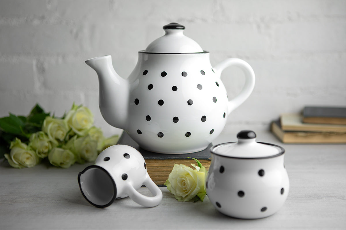 White And Black Polka Dot Spotty Handmade Hand Painted Ceramic Large Teapot Milk Jug Sugar Bowl Set