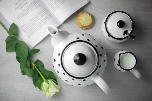 White And Black Polka Dot Spotty Handmade Hand Painted Ceramic Large Teapot Milk Jug Sugar Bowl Set