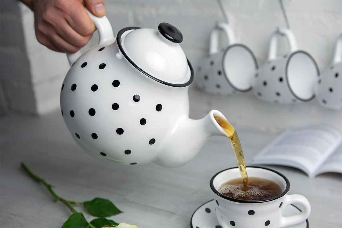 White And Black Polka Dot Spotty Handmade Hand Painted Ceramic Large Teapot Milk Jug Sugar Bowl Set