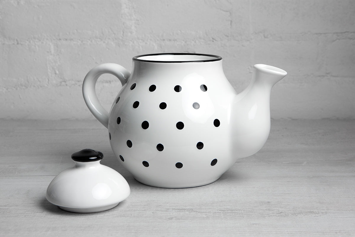 White And Black Polka Dot Spotty Large Handmade Hand Painted Ceramic Teapot with Handle 60 oz / 1.7 l