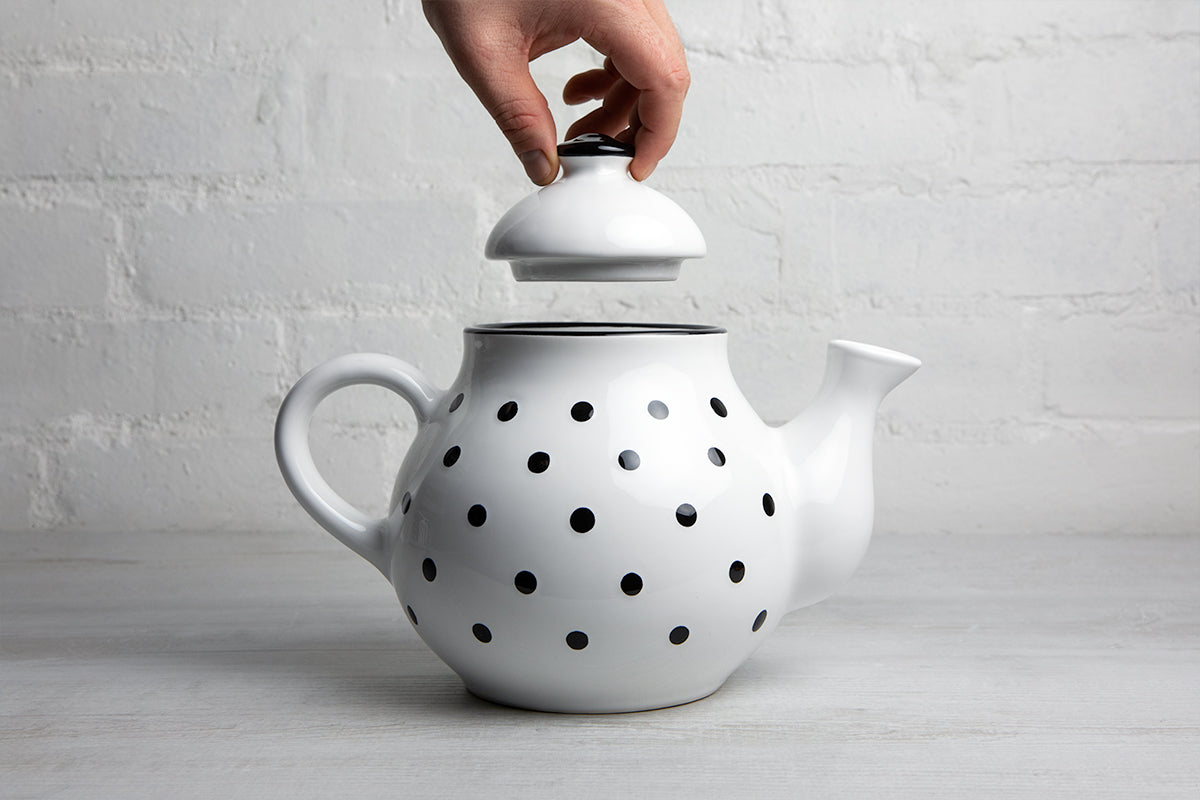 White And Black Polka Dot Spotty Large Handmade Hand Painted Ceramic Teapot with Handle 60 oz / 1.7 l