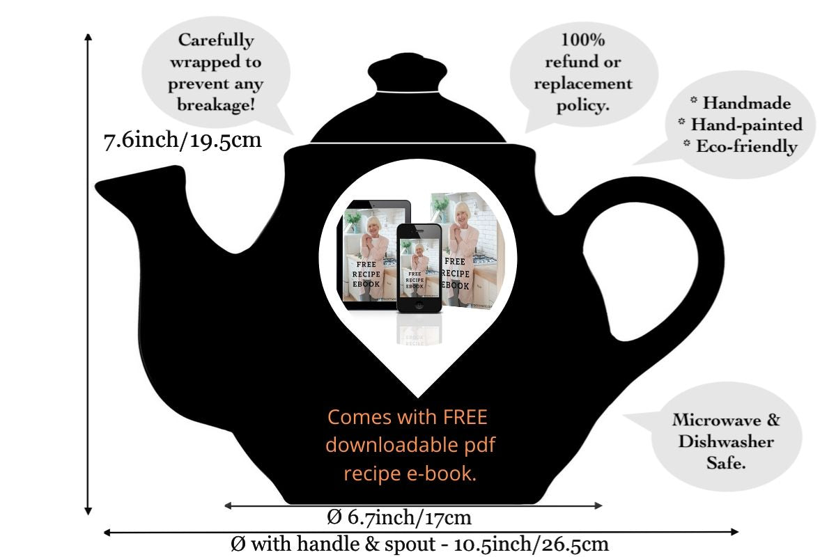 White And Black Polka Dot Spotty Large Handmade Hand Painted Ceramic Teapot with Handle 60 oz / 1.7 l