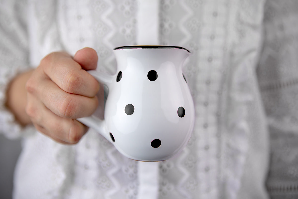 White And Black Polka Dot Spotty Handmade Hand Painted Ceramic Milk Jug