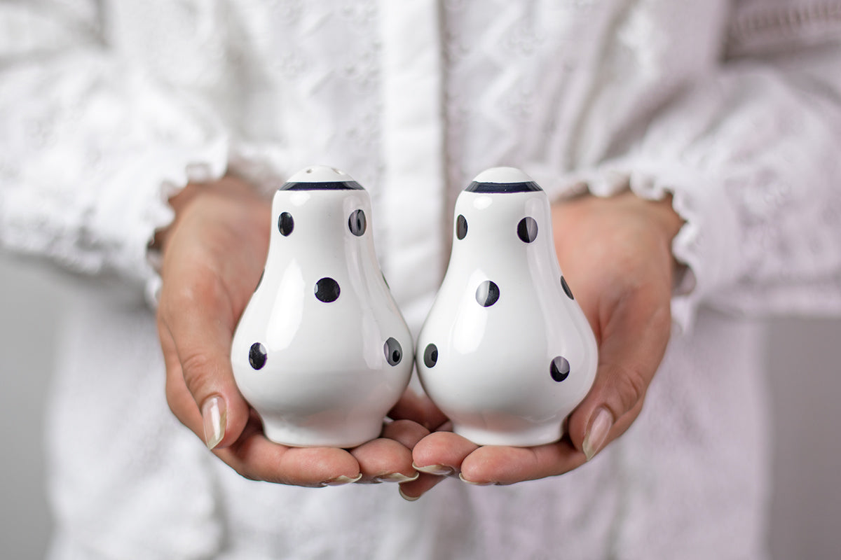 White And Black Polka Dot Spotty Handmade Hand Painted Ceramic Salt and Pepper Shaker Pot