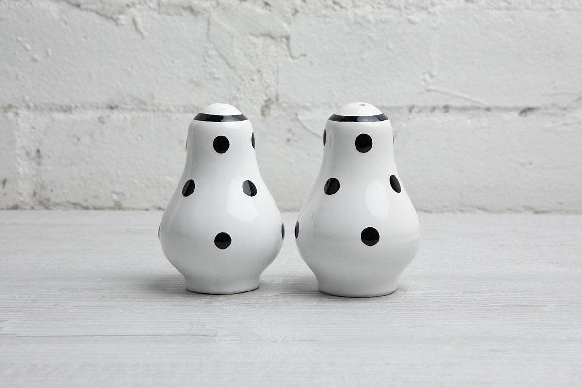 White And Black Polka Dot Spotty Handmade Hand Painted Ceramic Salt and Pepper Shaker Pot