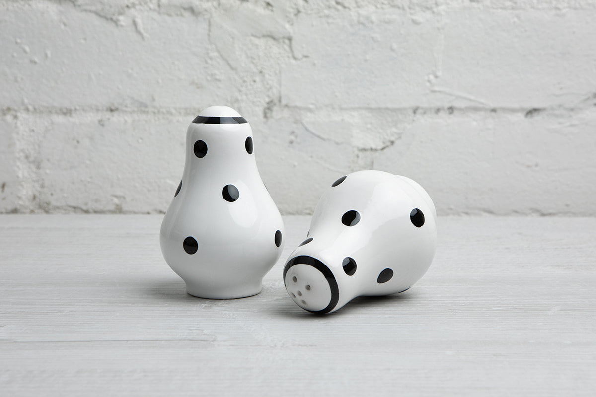 White And Black Polka Dot Spotty Handmade Hand Painted Ceramic Salt and Pepper Shaker Pot