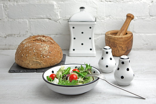 White And Black Polka Dot Spotty Handmade Hand Painted Ceramic Salt and Pepper Shaker Pot