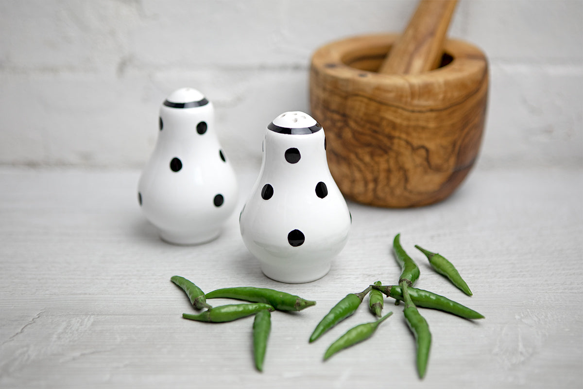 White And Black Polka Dot Spotty Handmade Hand Painted Ceramic Salt and Pepper Shaker Pot