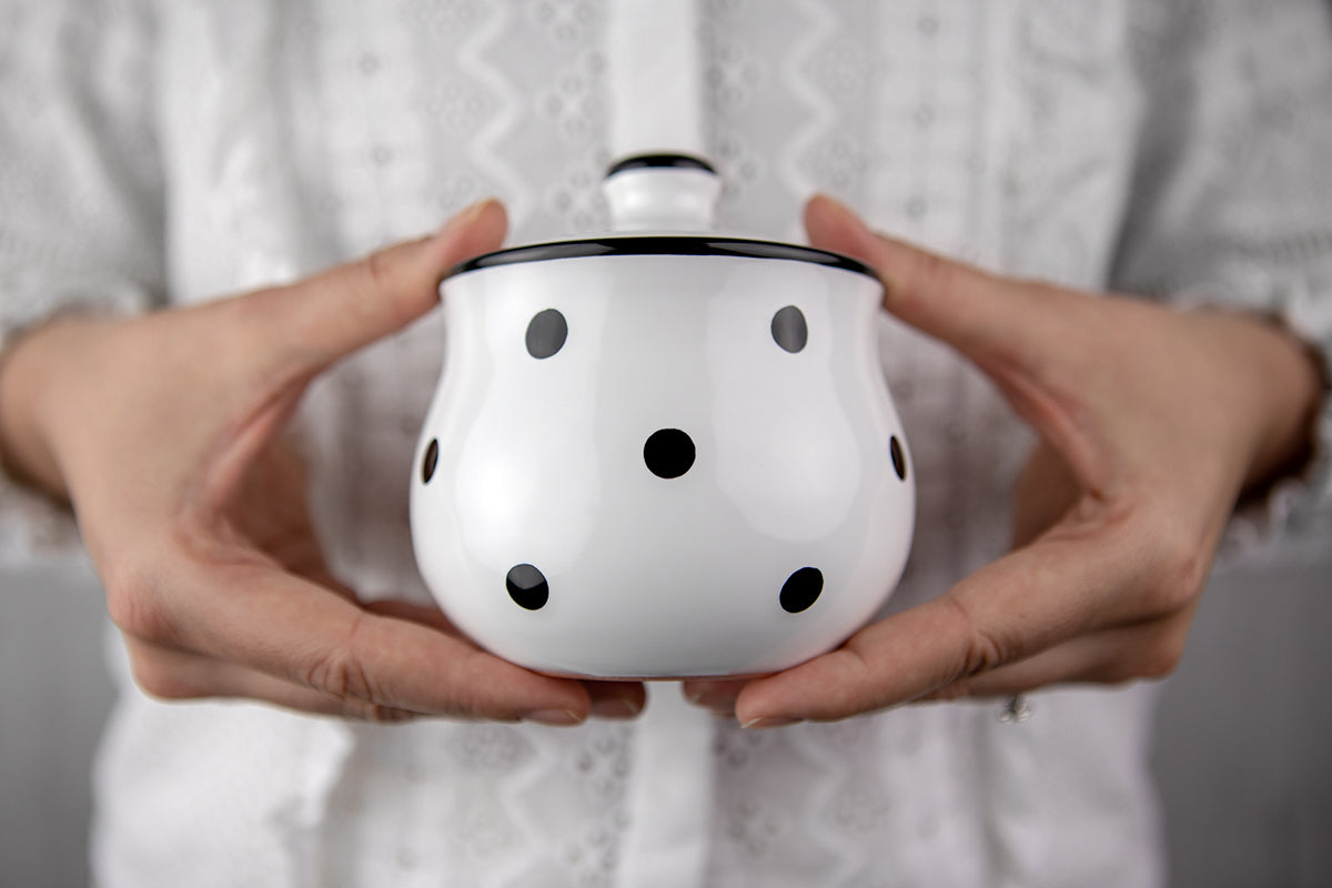 City to Cottage Ceramic Sugar Bowl with Lid, 10oz Sugar Contanier for Coffee Bar, Sugar Dispenser Bowl, Salt - Condiment Pot for Kitchen Counter, Handcrafted White and Black Polka Dot Sugar Jar