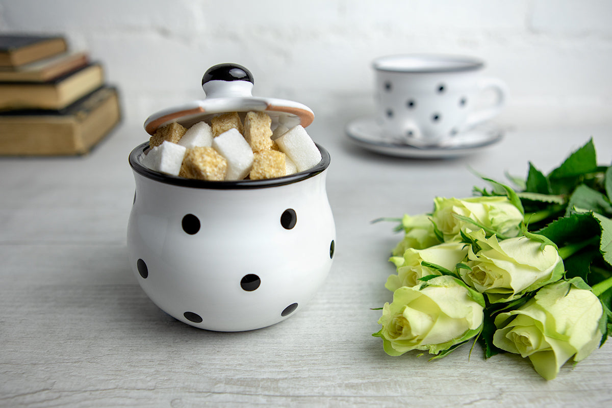 City to Cottage Ceramic Sugar Bowl with Lid, 10oz Sugar Contanier for Coffee Bar, Sugar Dispenser Bowl, Salt - Condiment Pot for Kitchen Counter, Handcrafted White and Black Polka Dot Sugar Jar