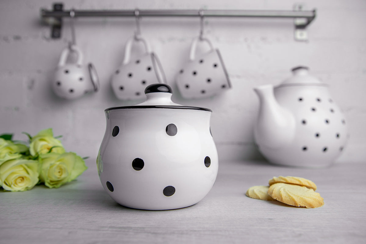 City to Cottage Ceramic Sugar Bowl with Lid, 10oz Sugar Contanier for Coffee Bar, Sugar Dispenser Bowl, Salt - Condiment Pot for Kitchen Counter, Handcrafted White and Black Polka Dot Sugar Jar