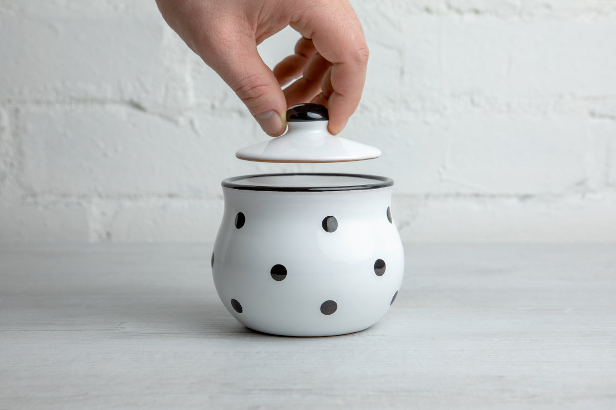 City to Cottage Ceramic Sugar Bowl with Lid, 10oz Sugar Contanier for Coffee Bar, Sugar Dispenser Bowl, Salt - Condiment Pot for Kitchen Counter, Handcrafted White and Black Polka Dot Sugar Jar