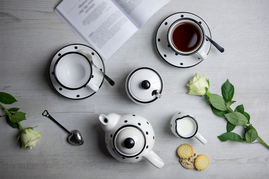 White and Black Polka Dot Pottery Handmade Hand Painted Ceramic Teapot Milk Jug Sugar Bowl Set With Two Cups and Saucers