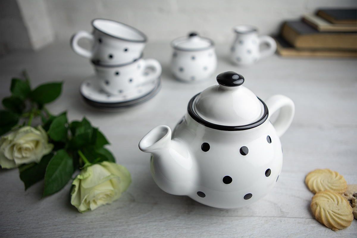 White and Black Polka Dot Pottery Handmade Hand Painted Ceramic Teapot Milk Jug Sugar Bowl Set With Two Cups and Saucers