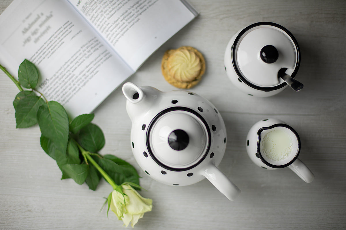 White and Black Polka Dot Pottery Handmade Hand Painted Ceramic Teapot Milk Jug Sugar Bowl Set With Two Cups and Saucers