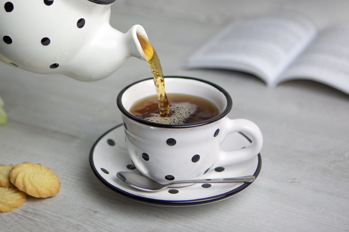White and Black Polka Dot Pottery Handmade Hand Painted Ceramic Teapot Milk Jug Sugar Bowl Set With Two Cups and Saucers