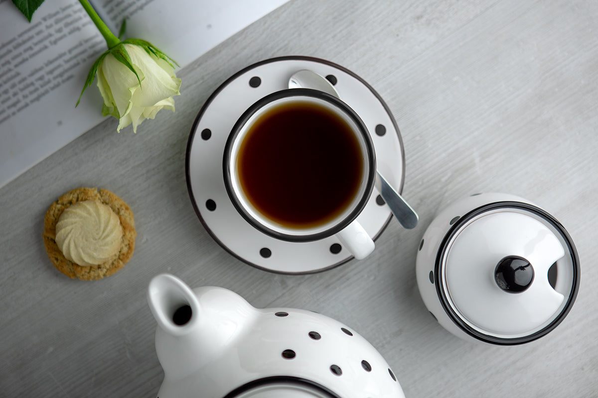 White and Black Polka Dot Pottery Handmade Hand Painted Ceramic Teapot Milk Jug Sugar Bowl Set With Two Cups and Saucers