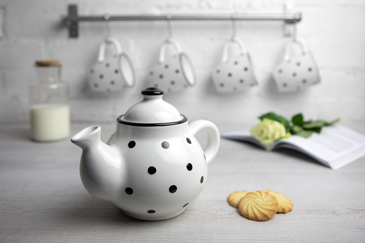 White and Black Polka Dot Pottery Handmade Hand Painted Ceramic Teapot Milk Jug Sugar Bowl Set With Two Cups and Saucers