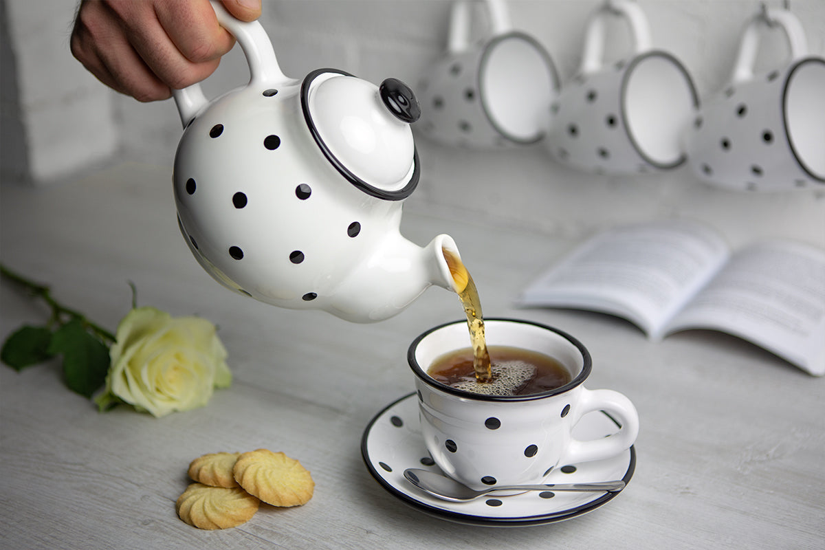White and Black Polka Dot Pottery Handmade Hand Painted Ceramic Teapot Milk Jug Sugar Bowl Set With Two Cups and Saucers