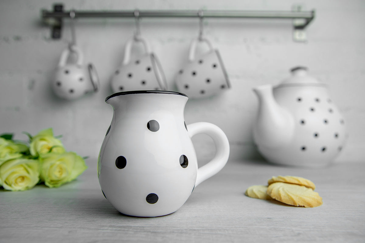 White and Black Polka Dot Pottery Handmade Hand Painted Ceramic Teapot Milk Jug Sugar Bowl Set With Two Cups and Saucers