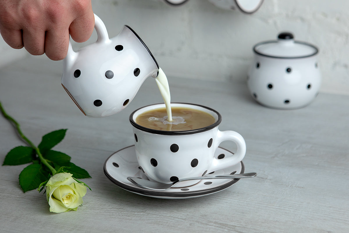 White and Black Polka Dot Pottery Handmade Hand Painted Ceramic Teapot Milk Jug Sugar Bowl Set With Two Cups and Saucers