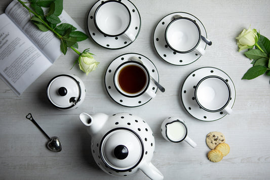 White And Black Polka Dot Spotty Handmade Hand Painted Ceramic Large Teapot Milk Jug Sugar Bowl Set With 4 Cups and Saucers
