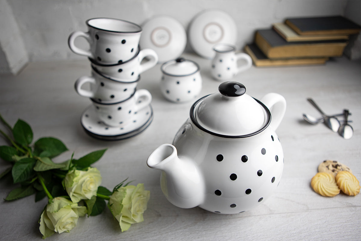 White And Black Polka Dot Spotty Handmade Hand Painted Ceramic Large Teapot Milk Jug Sugar Bowl Set With 4 Cups and Saucers