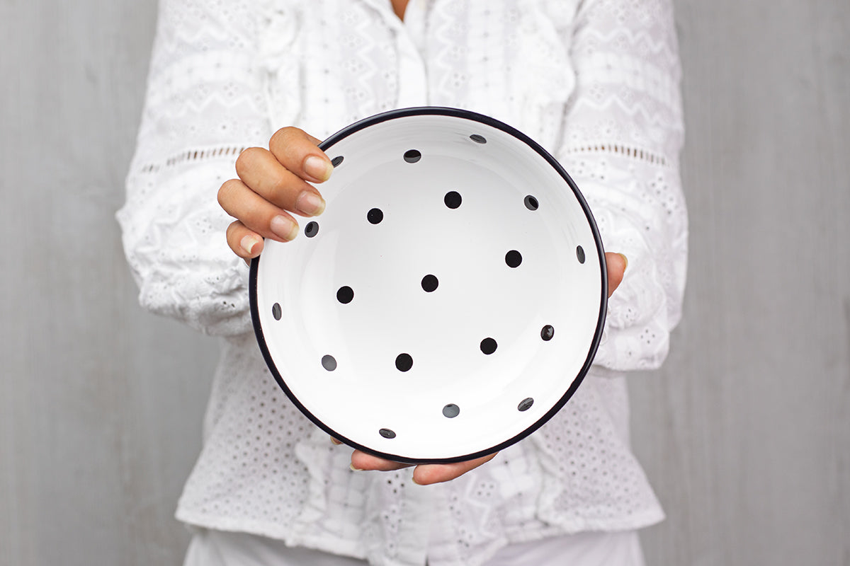 White And Black Polka Dot Spotty Handmade Hand Painted Ceramic Salad Pasta Fruit Cereal Soup Bowl